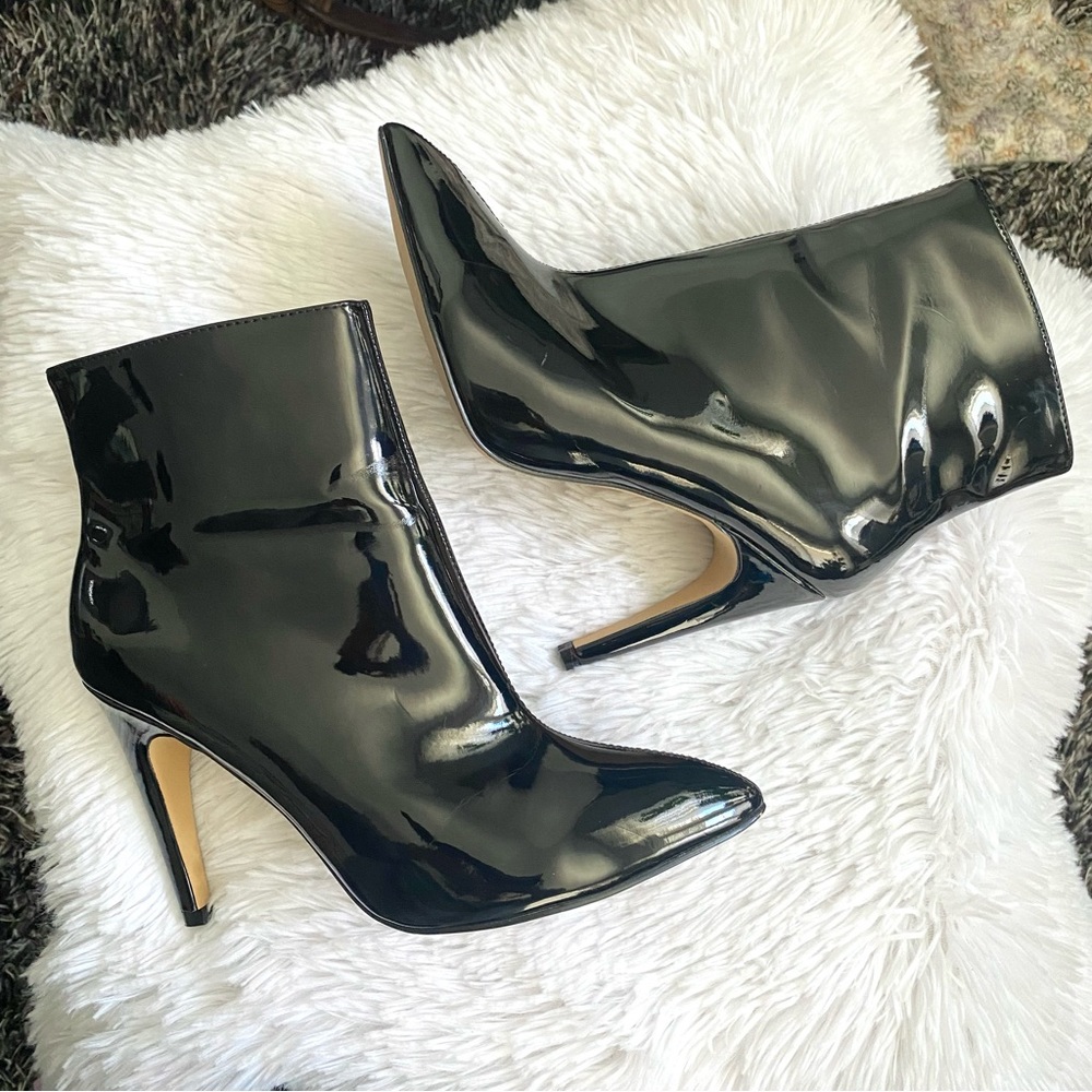 EXPRESS Black Patent Leather Ankle Booties Heel Boots